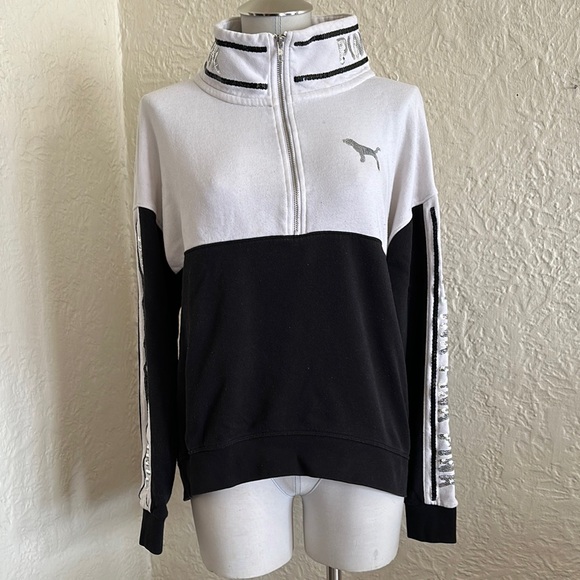 PINK Victoria's Secret Tops - Victoria’s Secret Pink Black White Silver Sequin Bling Quarter Zip Sweatshirt M